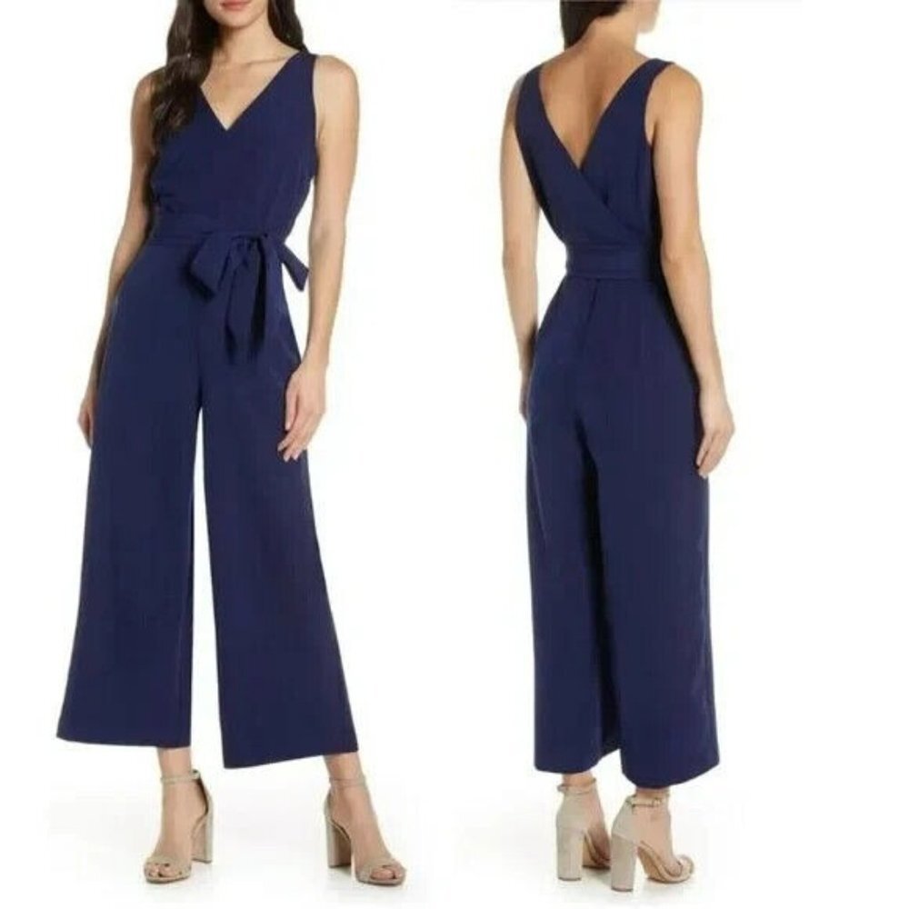 Sam Edelman Womens Faux Wrap Wide Leg Tied Waist Navy Blue Jumpsuit Size‎ 2